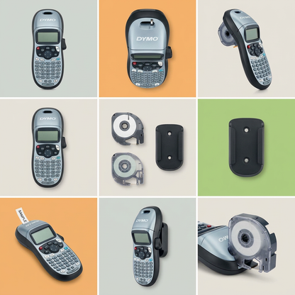 A 3x3 product matrix grid displaying the DYMO LetraTag 100H+ label maker and its components from various angles and configurations.
