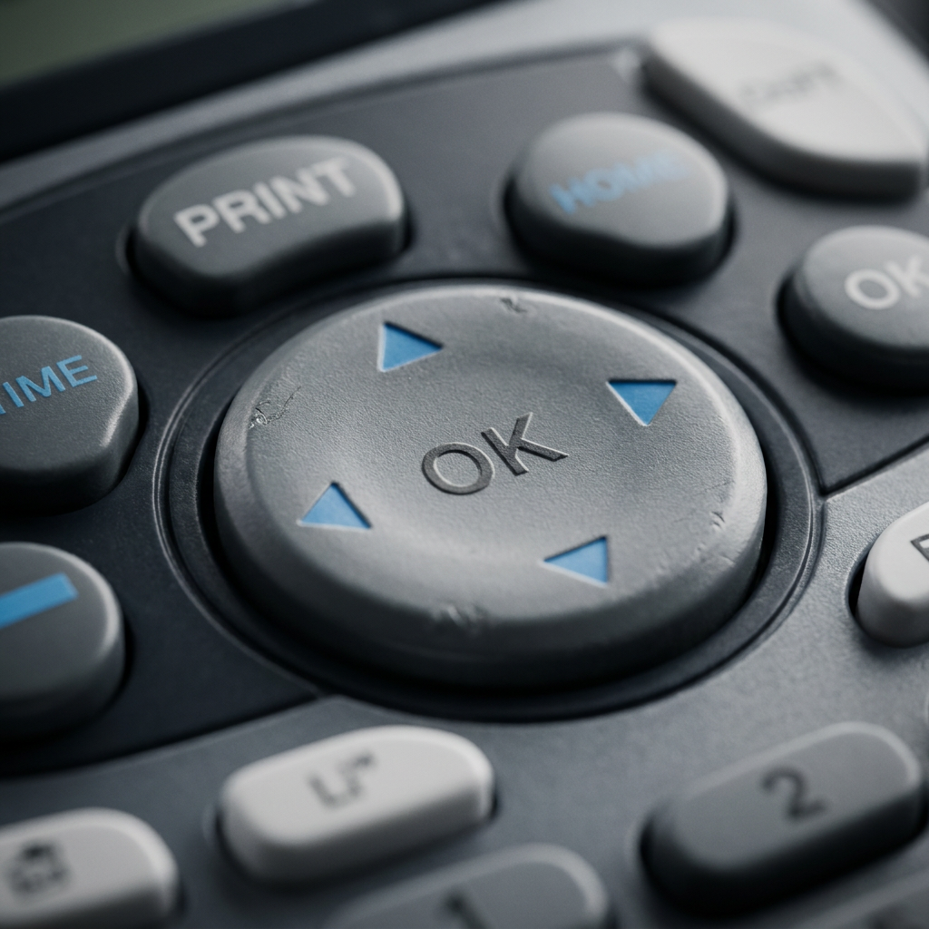A detailed macro photograph capturing the texture of the OK and directional buttons on the dark grey DYMO LetraTag 100H Plus label maker.