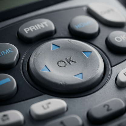 A detailed macro photograph capturing the texture of the OK and directional buttons on the dark grey DYMO LetraTag 100H Plus label maker.