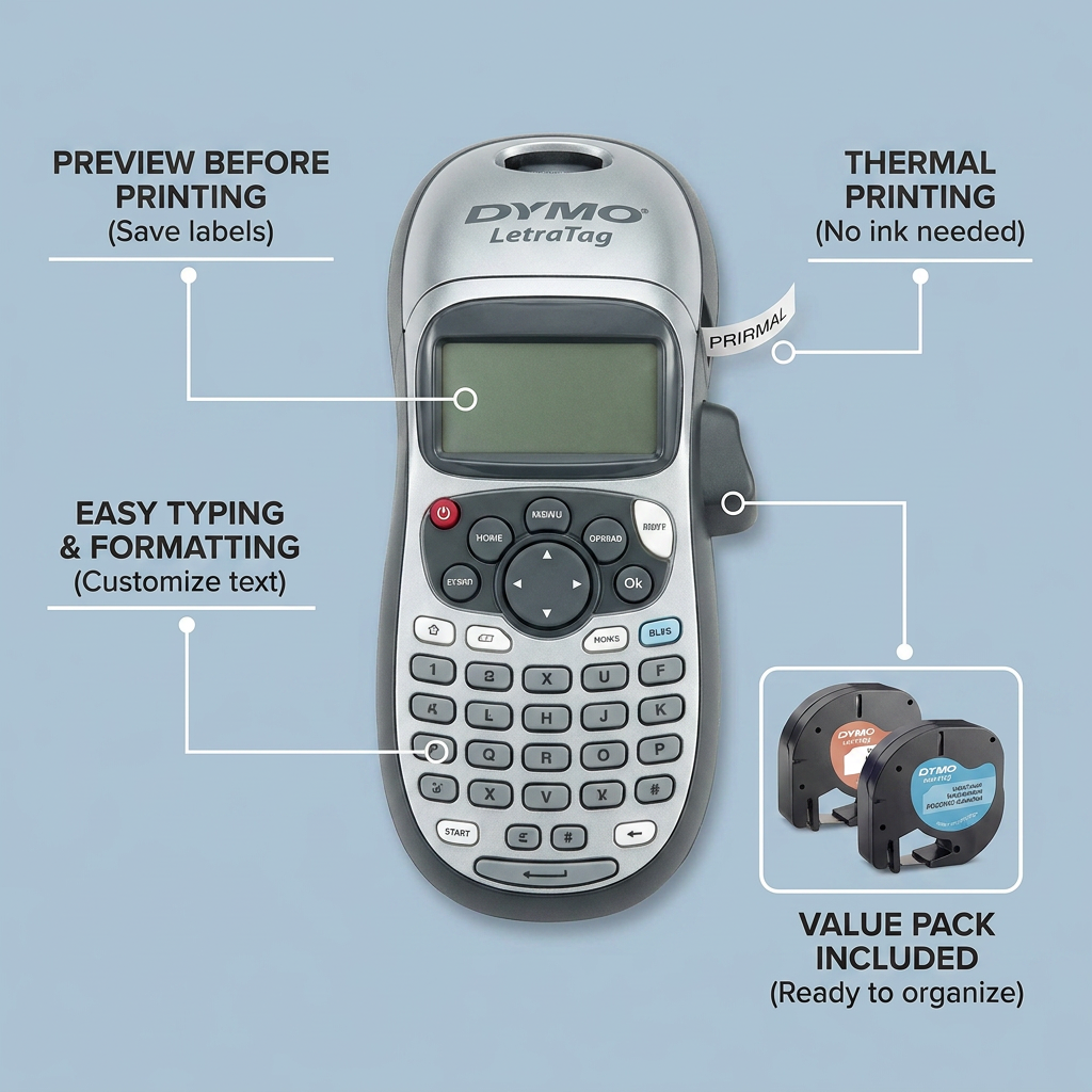 DYMO LetraTag 100H Plus label maker with key features like preview screen, easy typing, and thermal printing called out with pointer lines to show customer benefits.