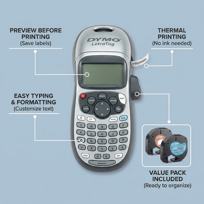 DYMO LetraTag 100H Plus label maker with key features like preview screen, easy typing, and thermal printing called out with pointer lines to show customer benefits.