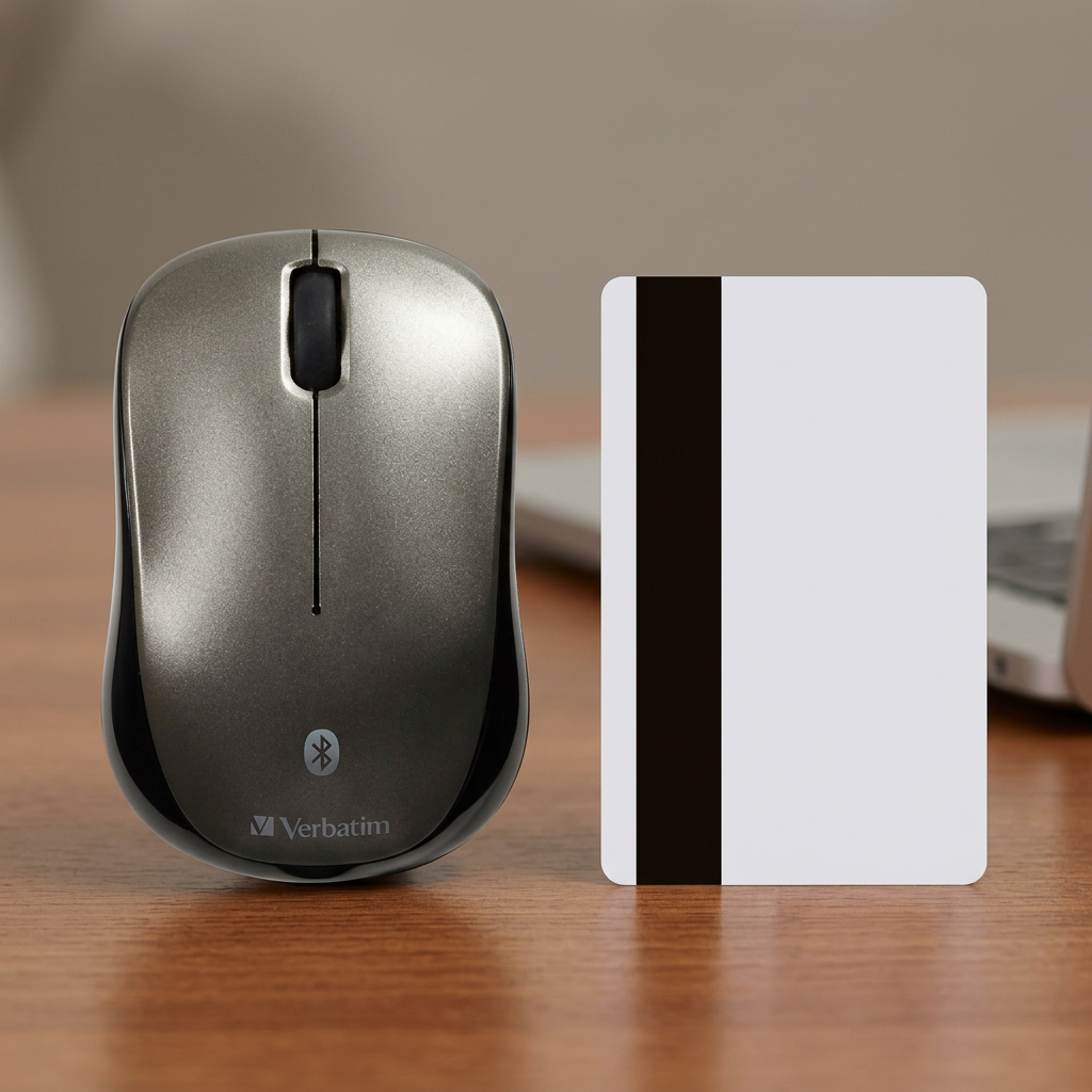 Top-down view of the graphite Verbatim mouse next to a standard credit card for a precise size reference.