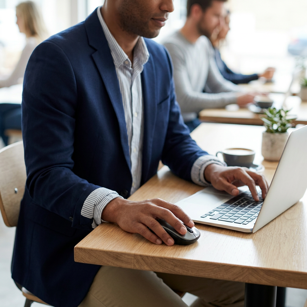 A relaxed professional uses the graphite Verbatim Bluetooth wireless mouse with a slim laptop at a coffee shop table.