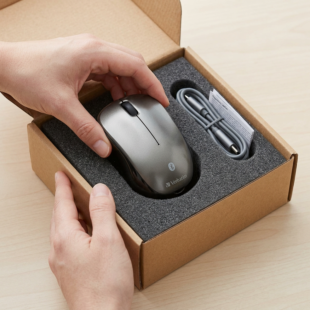 A realistic, premium unboxing scene featuring the Verbatim bluetooth mouse in protective, custom-cut foam.