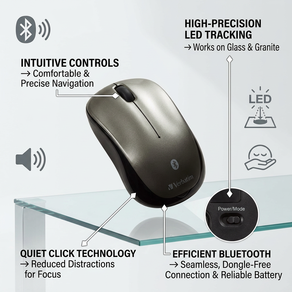 Feature infographic for Verbatim Bluetooth mouse, highlighting controls, quiet clicking, and multi-surface tracking.
