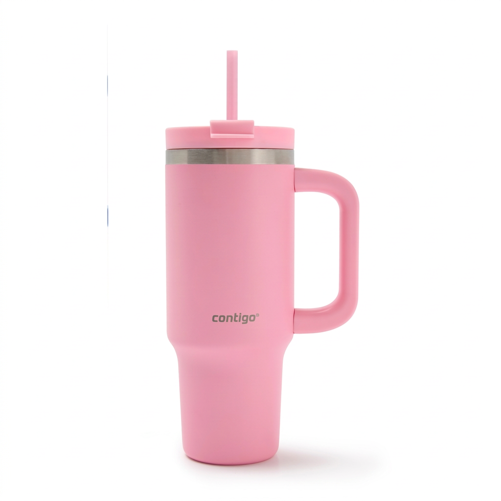 Pure hero shot of pink 30oz Contigo Streeterville tumbler with straw and handle on white background