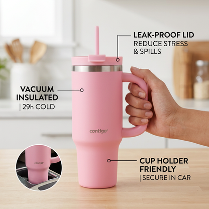 E-commerce feature callout image for the Contigo Streeterville tumbler, highlighting its leak-proof lid, 29h insulation, and cup holder compatibility.