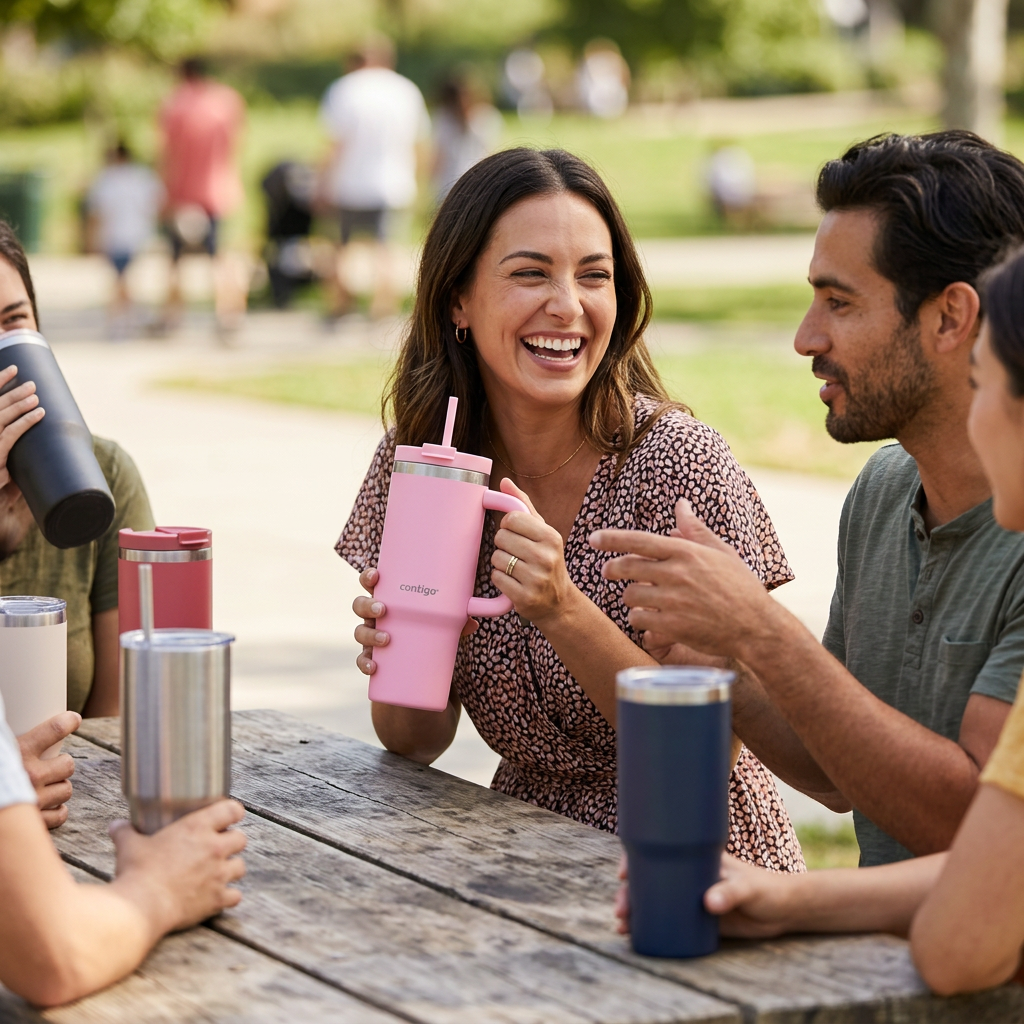 A close-up shot of a person casually holding the pink Contigo streeterville tumbler.