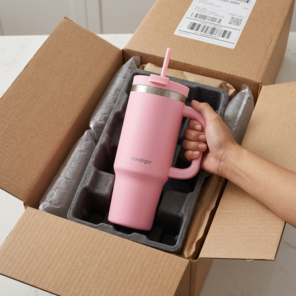 Premium delivery unboxing scene of the Contigo Strawberry Cream insulated tumbler (30 oz) protected by layers of clean protective materials.