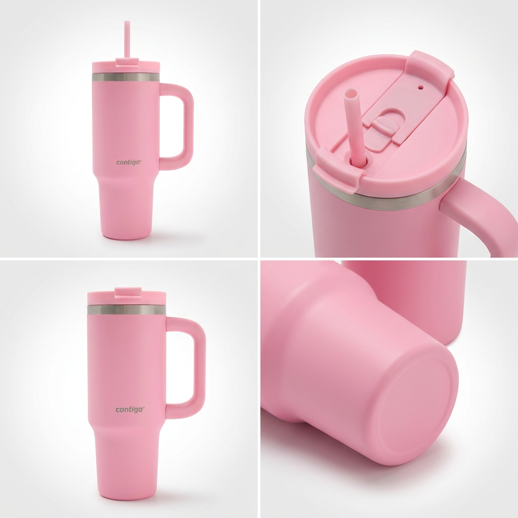 A four-panel matrix displaying a pink Contigo Streeterville 30oz tumbler on a polished gradient background.