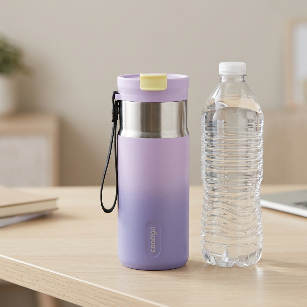 A photorealistic photograph showing the Contigo travel mug next to a standard 16.9oz water bottle for scale.