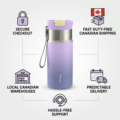 Infographic for Contigo Tween mug highlighting secure Canadian shipping, local warehouses, and service.