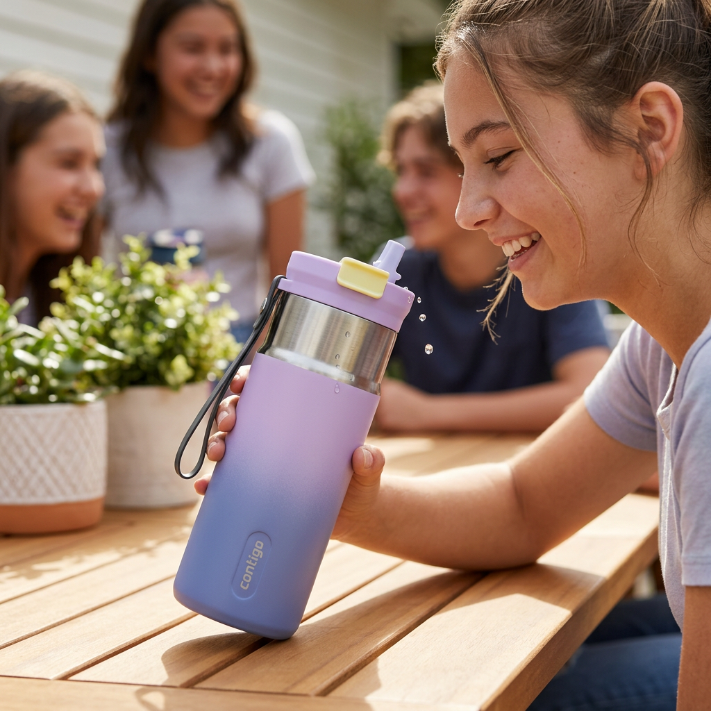 Close-up photo: Young woman comfortably sips from the purple Contigo Tween Dual Sip bottle on a sunny city terrace.