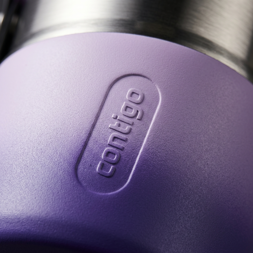 Macro close-up of the textured matte gradient finish and debossed "Contigo" logo on the 16 oz tween dual sip, highlighting material quality and durable design.