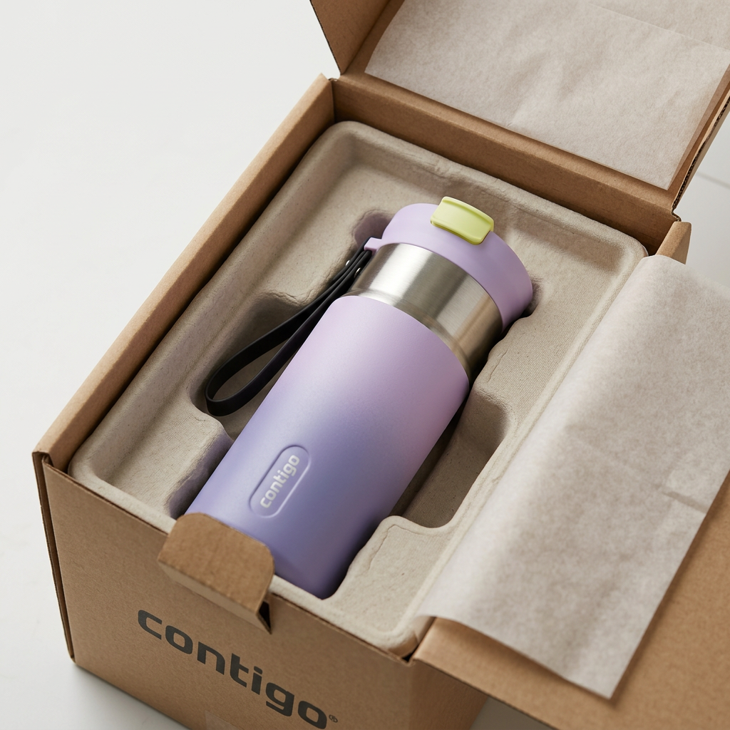 The purple gradient Contigo mug is shown in a secure molded pulp insert within a cardboard box.