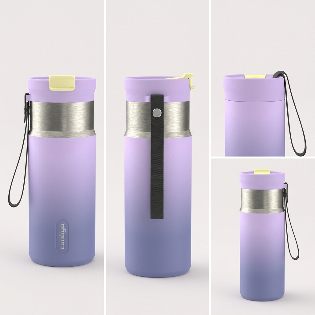 A comparison grid displaying three images of the same purple gradient Contigo water bottle from different angles.