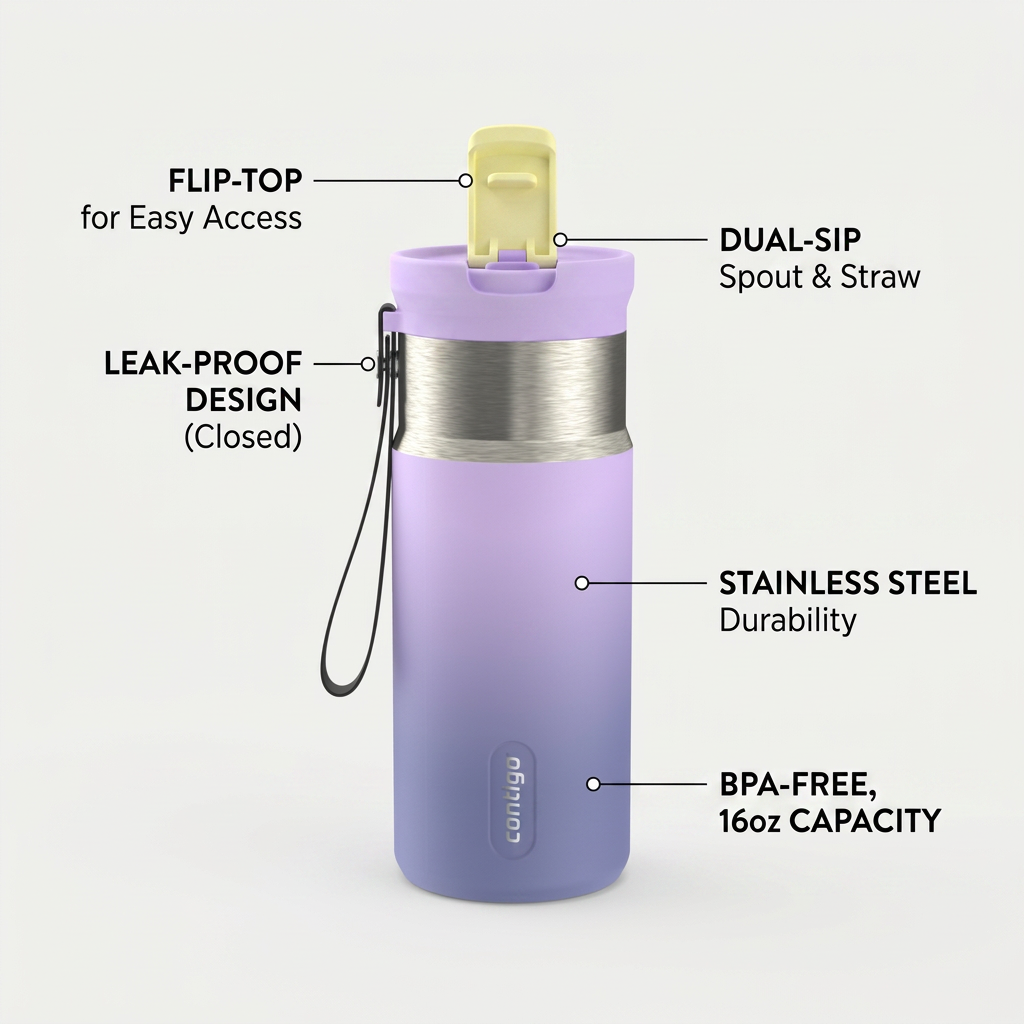 A callout graphic highlighting the key functional features of the purple ombre tween water bottle.