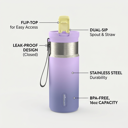 A callout graphic highlighting the key functional features of the purple ombre tween water bottle.