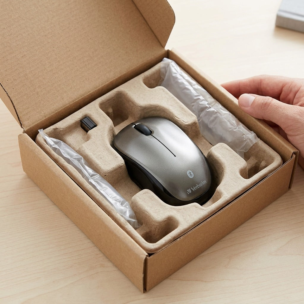 An open cardboard mailing box showing a Verbatim Bluetooth mouse securely nestled in molded pulp and foam padding.