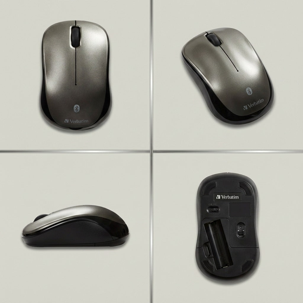 A four-panel grid matrix showcasing different views of the Verbatim Bluetooth Mouse: top-down, side profile, and front angle.