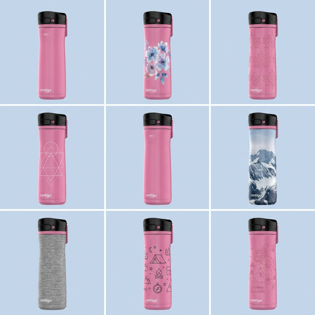 A 3x3 grid display featuring nine identical pink Contigo water bottles with diverse front patterns, illustrations, and textures.