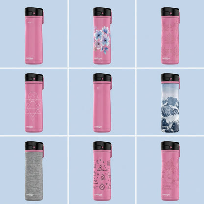 A 3x3 grid display featuring nine identical pink Contigo water bottles with diverse front patterns, illustrations, and textures.