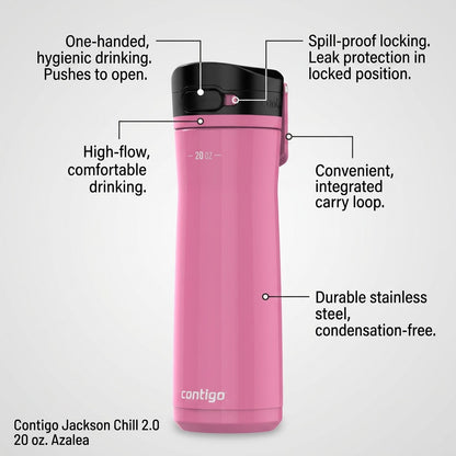 Operational features of the Contigo Jackson Chill 2.0 water bottle highlighted with descriptive text.