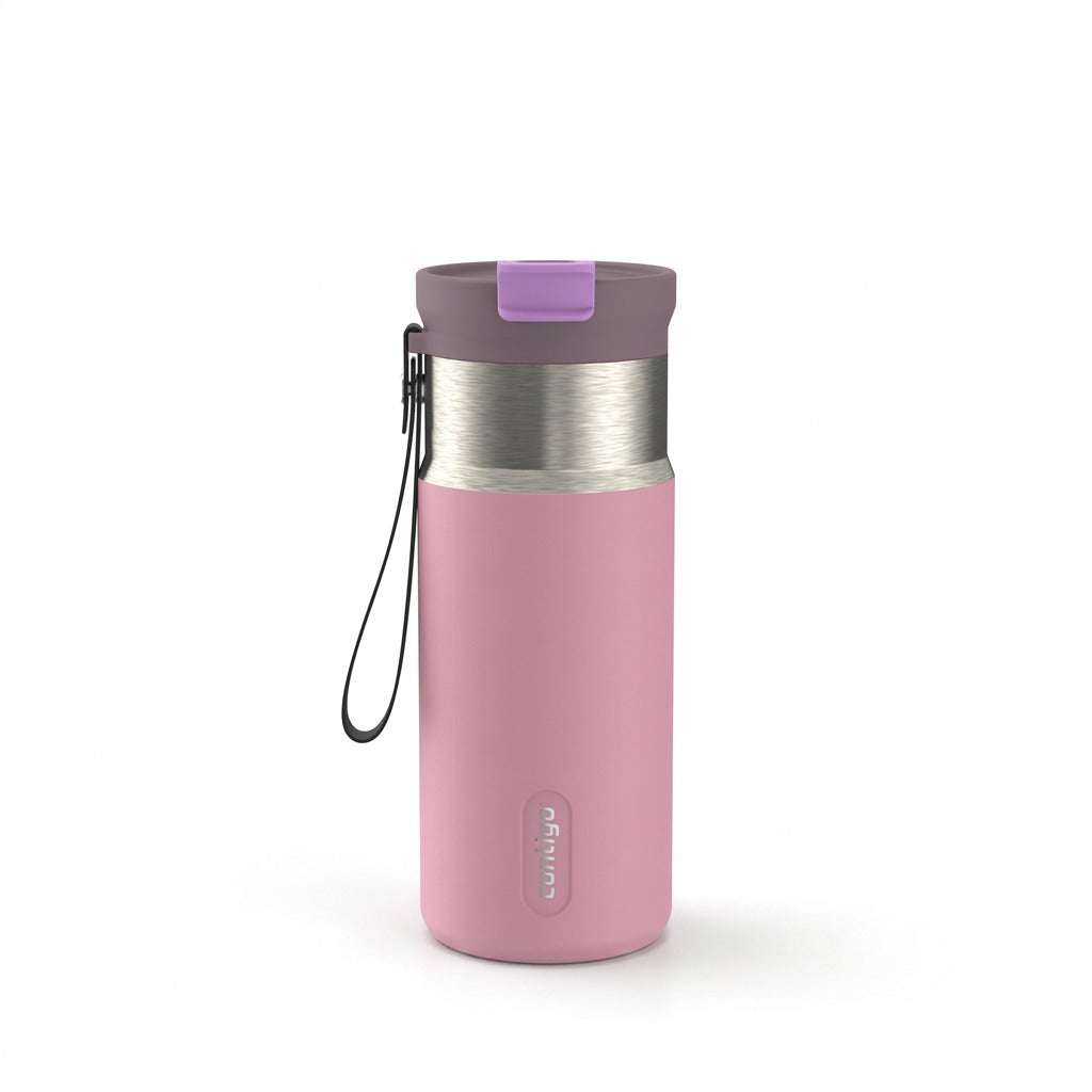 High-resolution 16oz Contigo Tween Dual Sip travel bottle in Lunar Petal pink with strap against a pure white background.