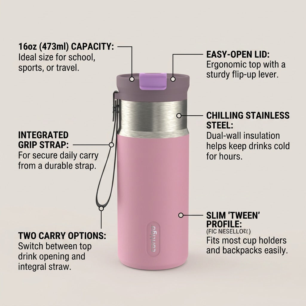Product feature infographic for Contigo 16oz Tween Dual Sip, detailing its capacity, easy lid, insulation, strap, and profile.