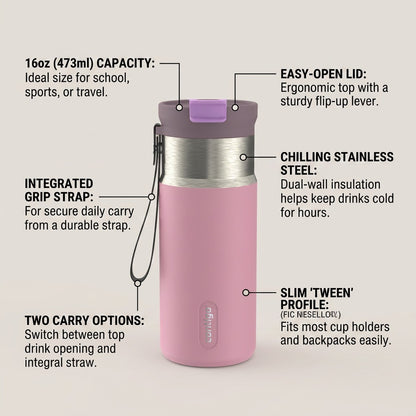 Product feature infographic for Contigo 16oz Tween Dual Sip, detailing its capacity, easy lid, insulation, strap, and profile.