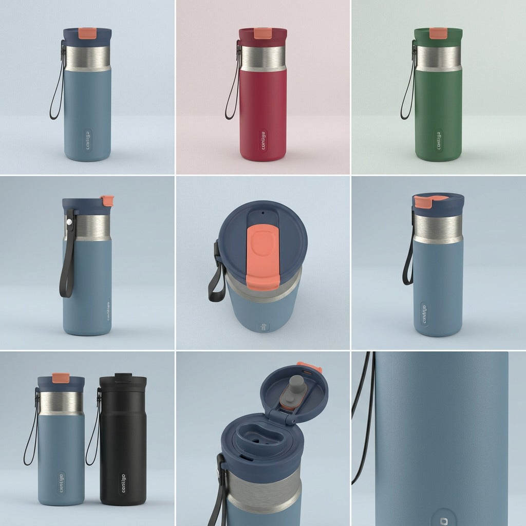 A grid displaying the Contigo Tween Dual Sip solid in multiple color variants and orientations.