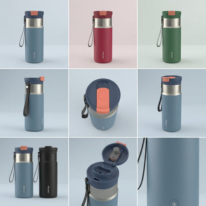 A grid displaying the Contigo Tween Dual Sip solid in multiple color variants and orientations.