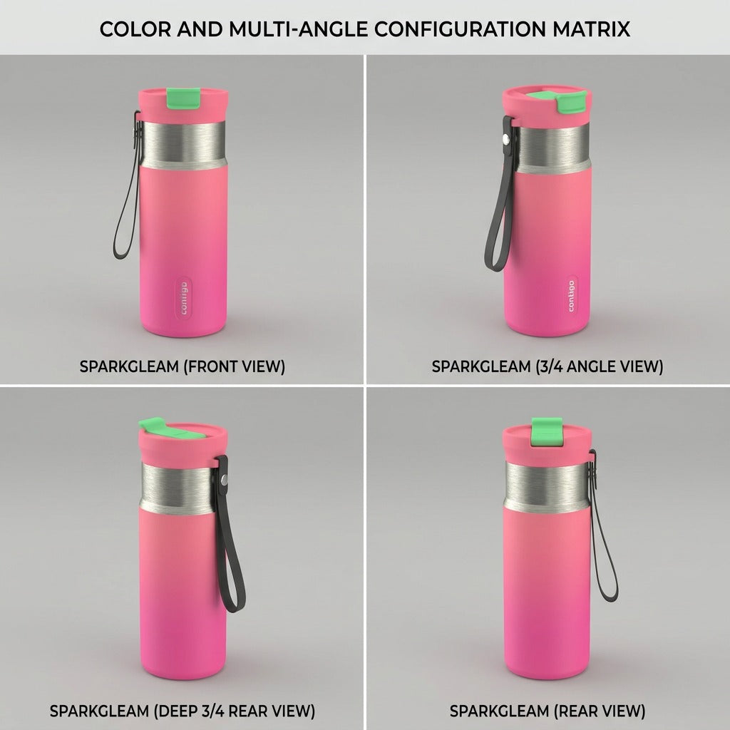 A minimalist 2x2 grid showing the Contigo 16oz Sparkgleam bottle from front, 3/4, side, and rear angles.