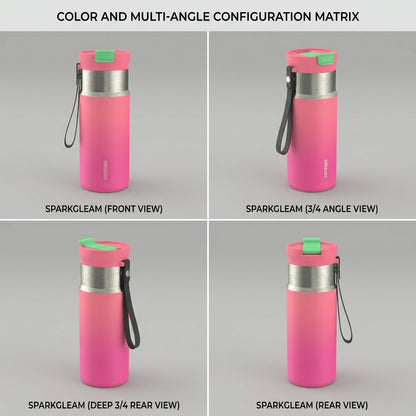 A minimalist 2x2 grid showing the Contigo 16oz Sparkgleam bottle from front, 3/4, side, and rear angles.