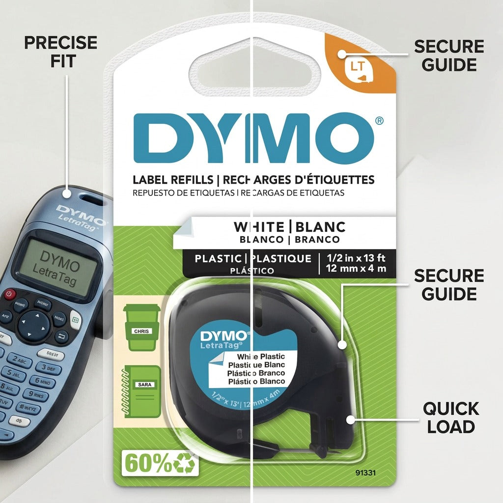 Operational feature callouts highlight the precise fit and easy loading of the DYMO label cartridge.