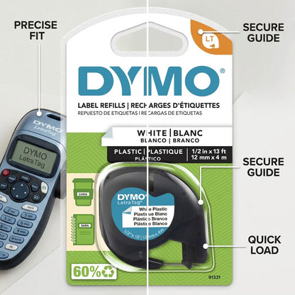 Operational feature callouts highlight the precise fit and easy loading of the DYMO label cartridge.