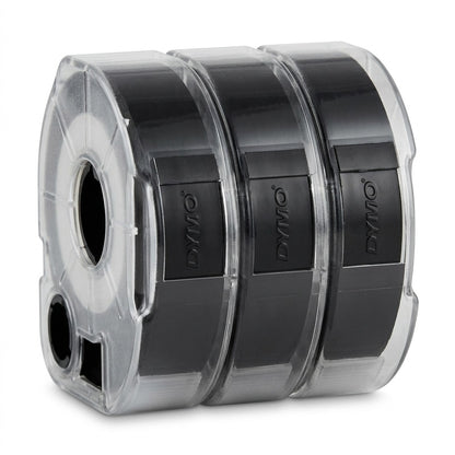 A premium high-resolution ecommerce hero shot of a 3-pack of DYMO black embossing tape cartridges against a pure white background.