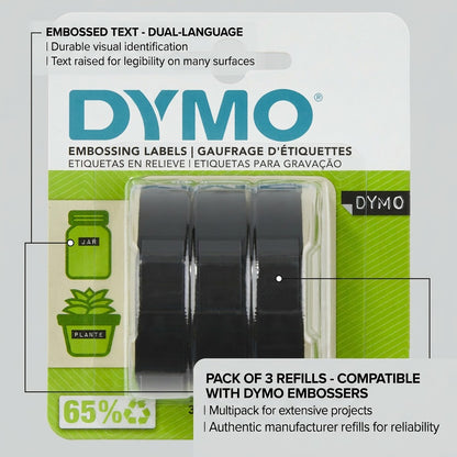 An e-commerce graphic highlights features of DYMO embossing labels, pointing to the multipack and embossed text examples.