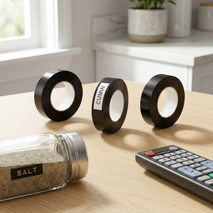 Three rolls of DYMO black embossing tape with white printed labels applied to a spice jar and a remote control on a wooden table.