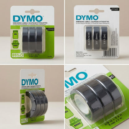 A four-panel grid display showing the DYMO embossing label 3-pack from front, detailed back, side, and canonical asset angles, all against clean neutral backgrounds.