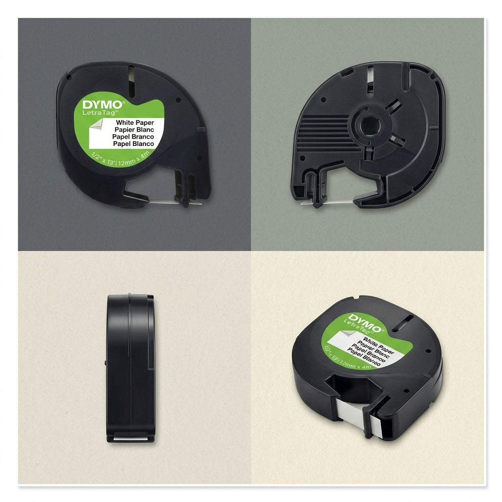 A 2x2 grid matrix showcasing the black DYMO 91330 tape cassette from four different precise angles.