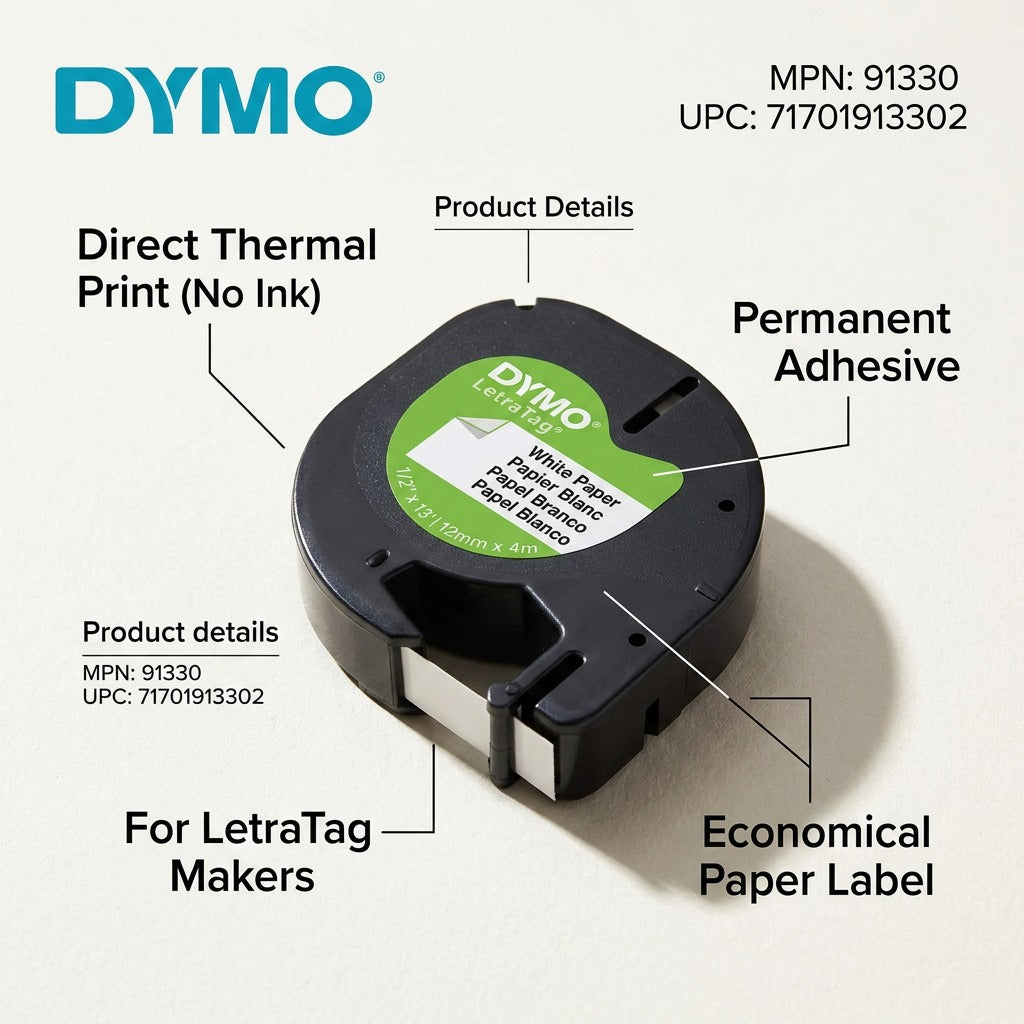 A clean ecommerce graphic of the DYMO 91330 label cassette with callouts showing benefits like "Direct Thermal Print" and "Organize Easily".