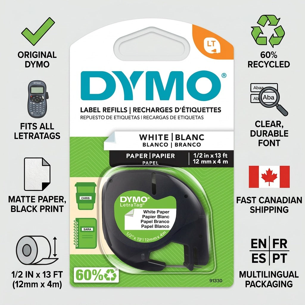 DYMO LetraTag 91330 White Paper Labels: a trust-focused infographic with icons highlighting key features like recycled content and quick shipping.
