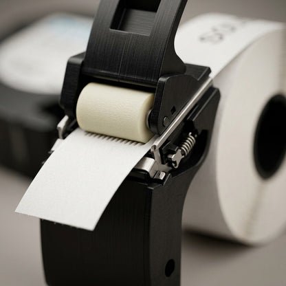 Extreme macro view of the inner roller and fed paper label of the DYMO 91330 cartridge.