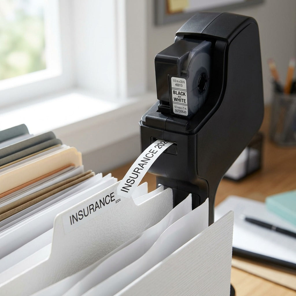 A dynamic macro photo showing a DYMO D1 label being perfectly applied to a textured file folder tab.