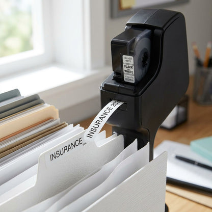 A dynamic macro photo showing a DYMO D1 label being perfectly applied to a textured file folder tab.