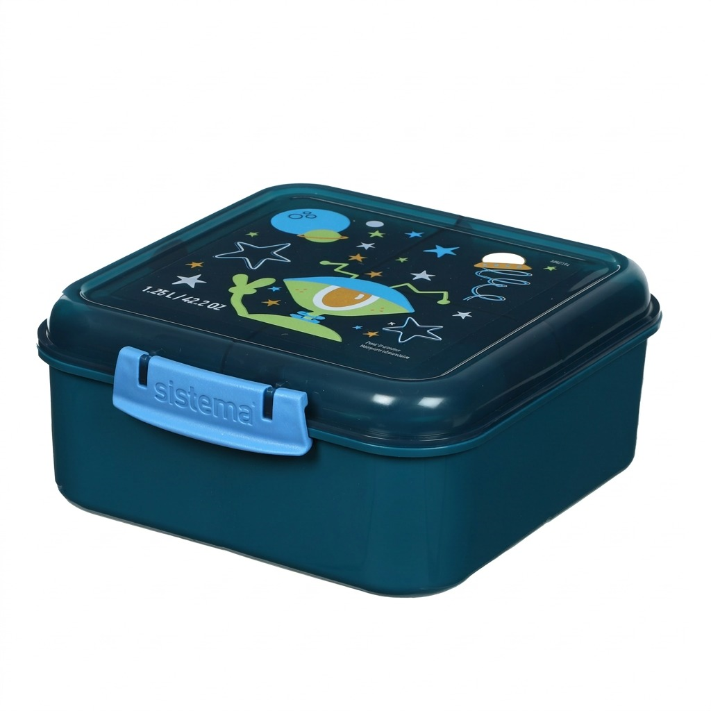 A high-resolution, pure hero shot of the Sistema 1.25L Bento Cube in blue/teal, showcasing its space-themed lid design and "sistema" logo latch on a clean, pure white background.