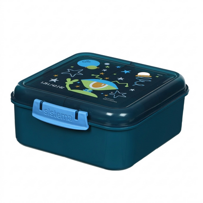 A high-resolution, pure hero shot of the Sistema 1.25L Bento Cube in blue/teal, showcasing its space-themed lid design and "sistema" logo latch on a clean, pure white background.