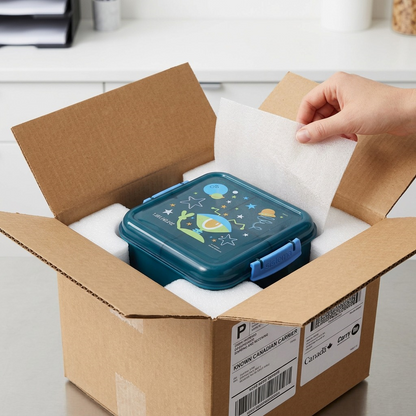 Sistema Bento Cube safely nestled in precision-cut foam inserts inside a cardboard shipping box. Hand lifting top foam sheet.