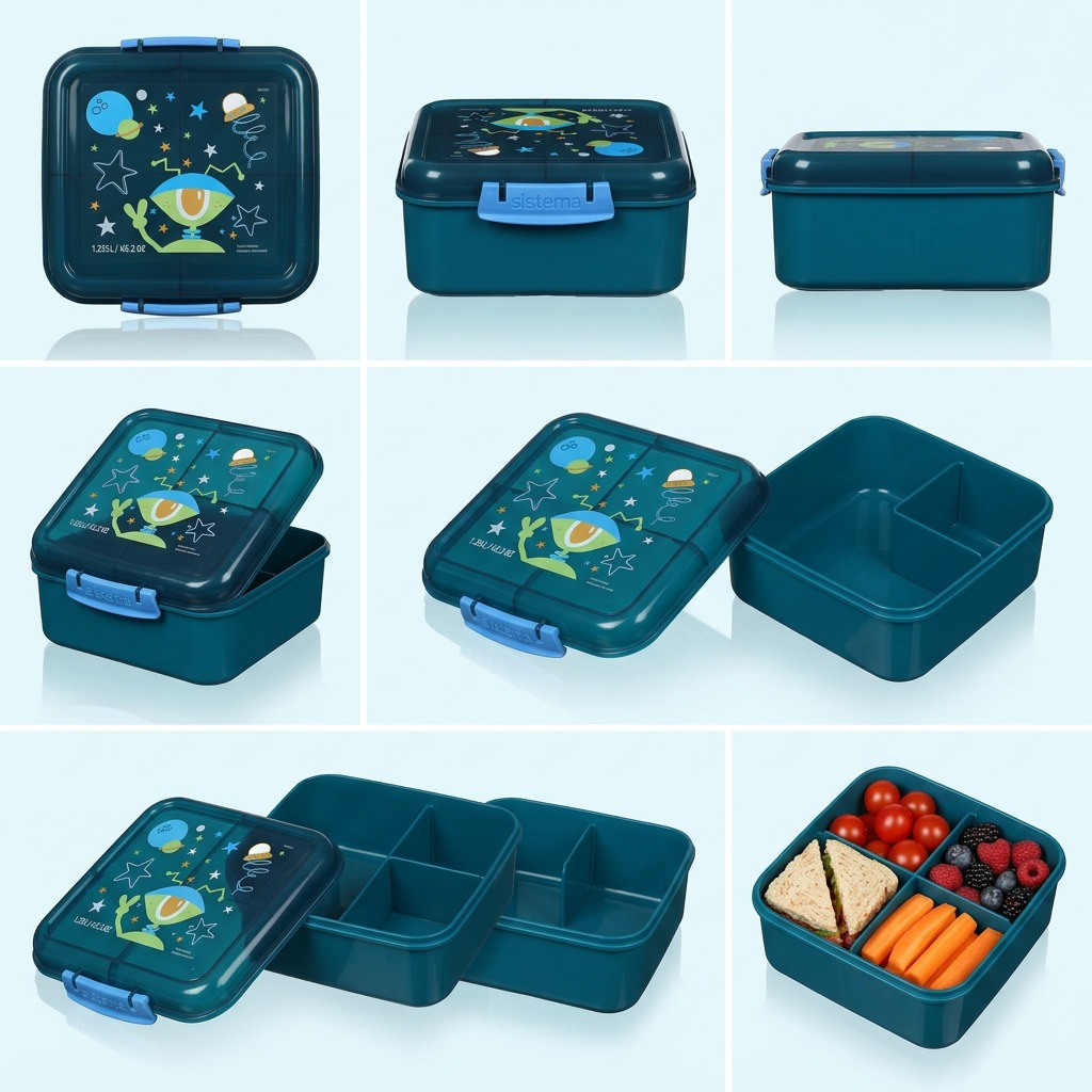 A 2x3 grid matrix showing six useful angles and configurations of the Sistema space-themed bento box.